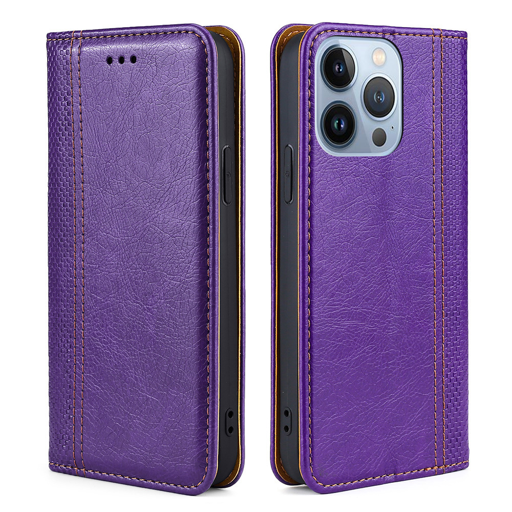 

All-round Protection Auto-absorbed Plaid Design Card Slot Leather Wallet Phone Case with Stand for iPhone 13 Pro Max 6.7 inch - Purple, iPhone 13 Pro Max