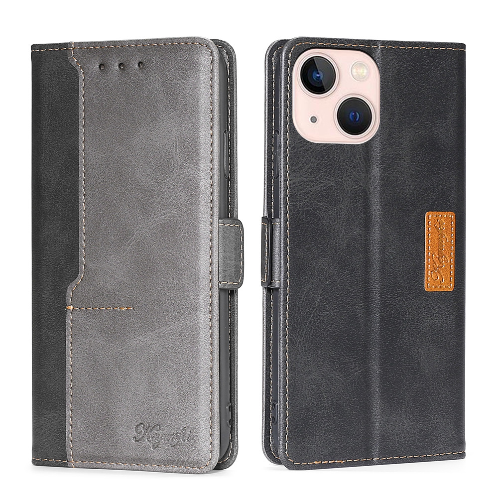 

Bi-color Leather Phone Stand Cover Side Buckle Flip Wallet Case for iPhone 13 mini 5.4 inch - Black/Grey, iPhone 13 mini