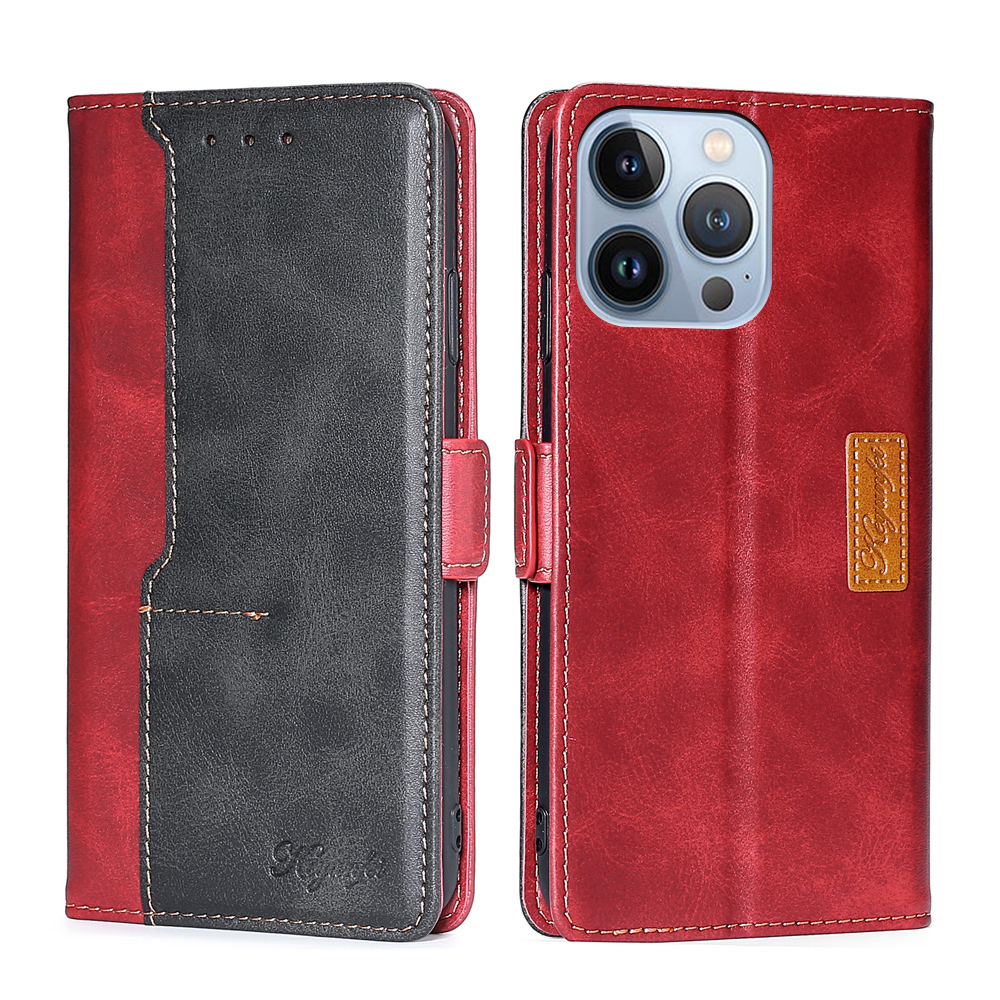 

Side Buckle Contrast-color Leather Phone Stand Cover for iPhone 13 Pro Max 6.7 inch - Red/Black, iPhone 13 Pro Max