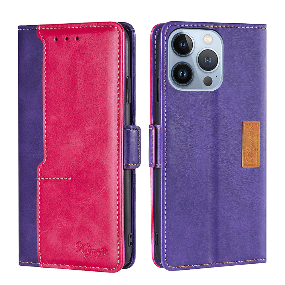 

Side Buckle Contrast-color Leather Phone Stand Cover for iPhone 13 Pro Max 6.7 inch - Purple/Rose, iPhone 13 Pro Max