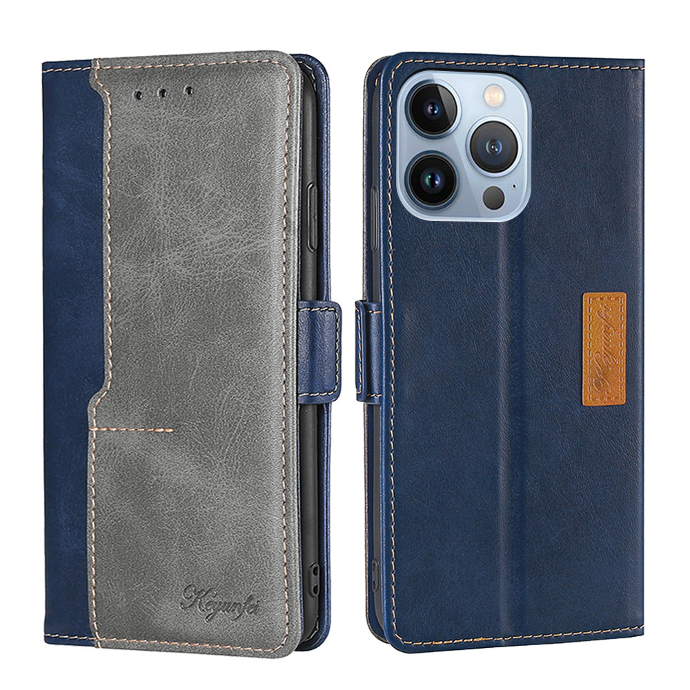

Side Buckle Contrast-color Leather Phone Stand Wallet Cover for iPhone 13 Pro 6.1 inch - Blue/Grey, iPhone 13 Pro
