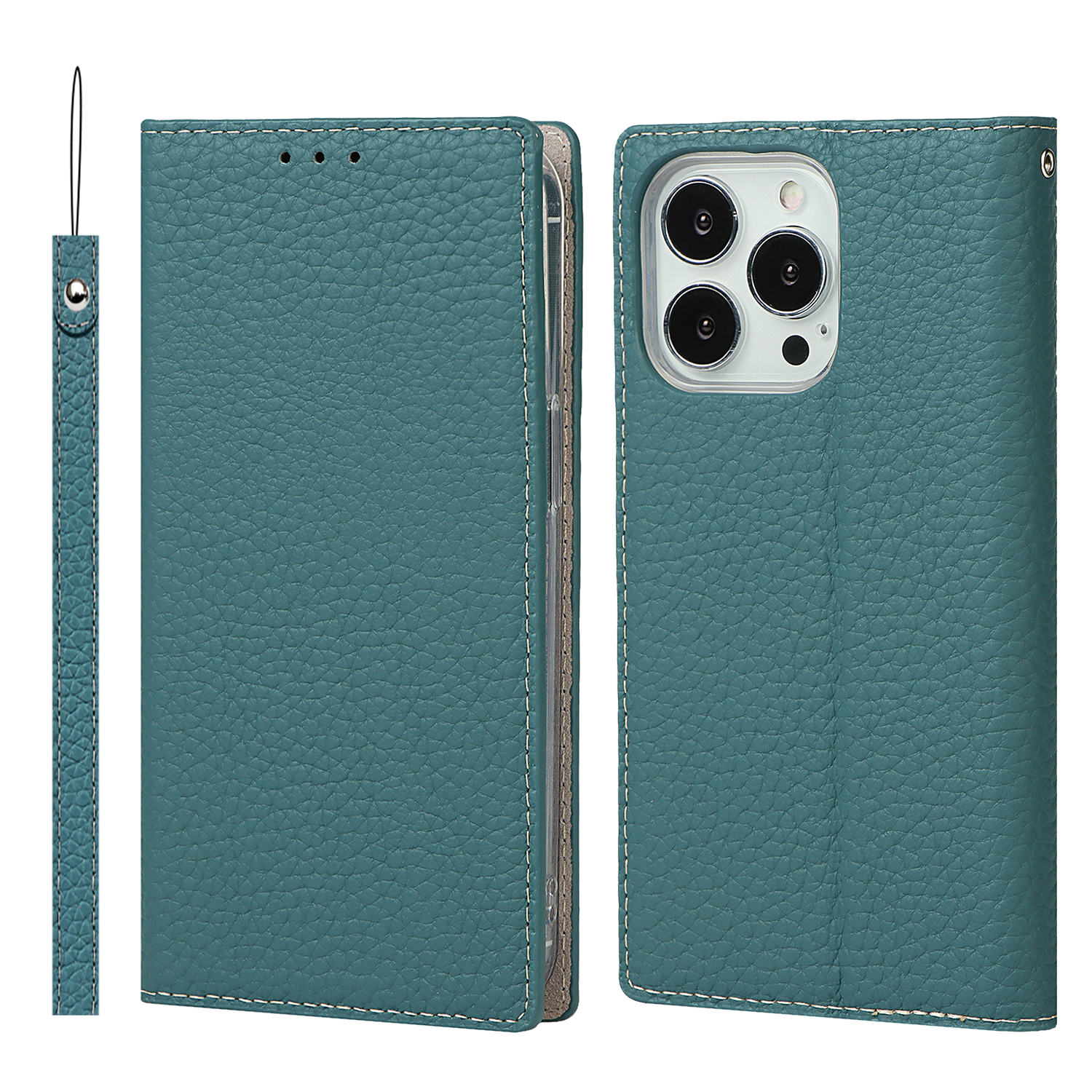 

Genuine Leather Litchi Texture Cover Wallet Stand Phone Case with Strap for iPhone 13 Pro Max 6.7 inch - Baby Blue, iPhone 13 Pro Max