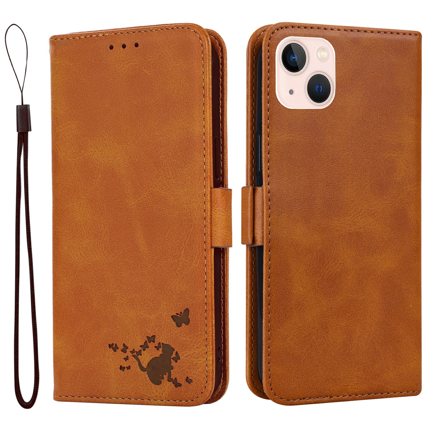 

Shockproof Cat Butterfly Pattern Imprinting PU Leather Wallet Case Stand Flip Protective Cover with Strap for iPhone 13 mini 5.4 inch - Orange, iPhone 13 mini