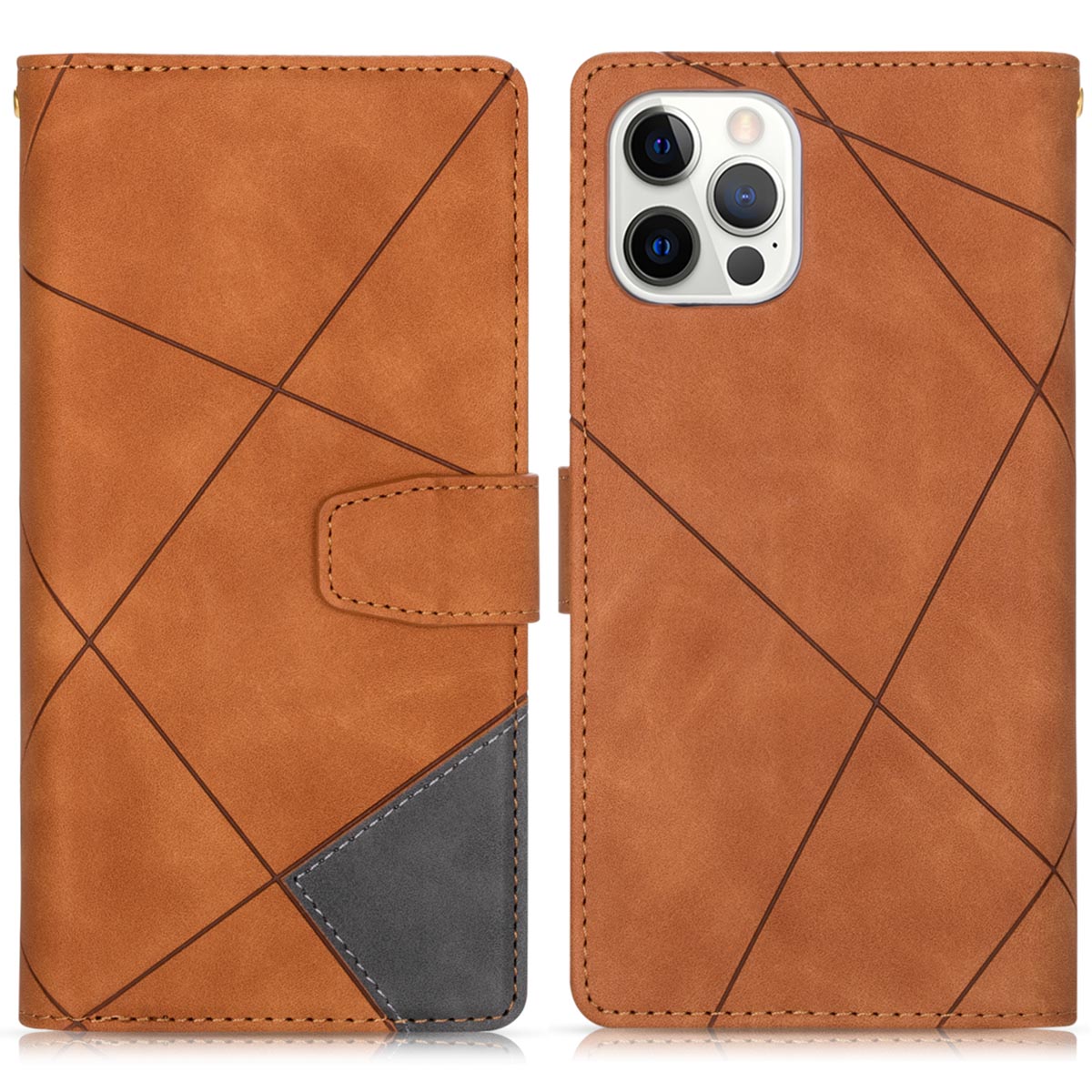 

Imprinting Lines Color Splicing Design Wallet Stand Leather Phone Case Shell with Zipper Pocket for iPhone 12 Pro Max 6.7 inch - Brown, iPhone 12 Pro Max