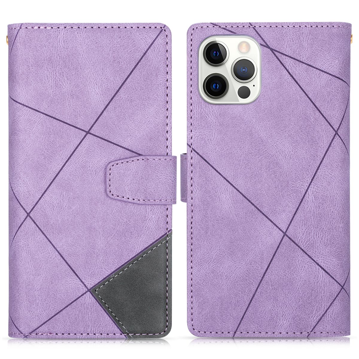 

Imprinting Lines Splicing Zipper Pocket Leather Phone Case Protector with Wallet Stand for iPhone 13 Pro Max 6.7 inch - Purple, iPhone 13 Pro Max