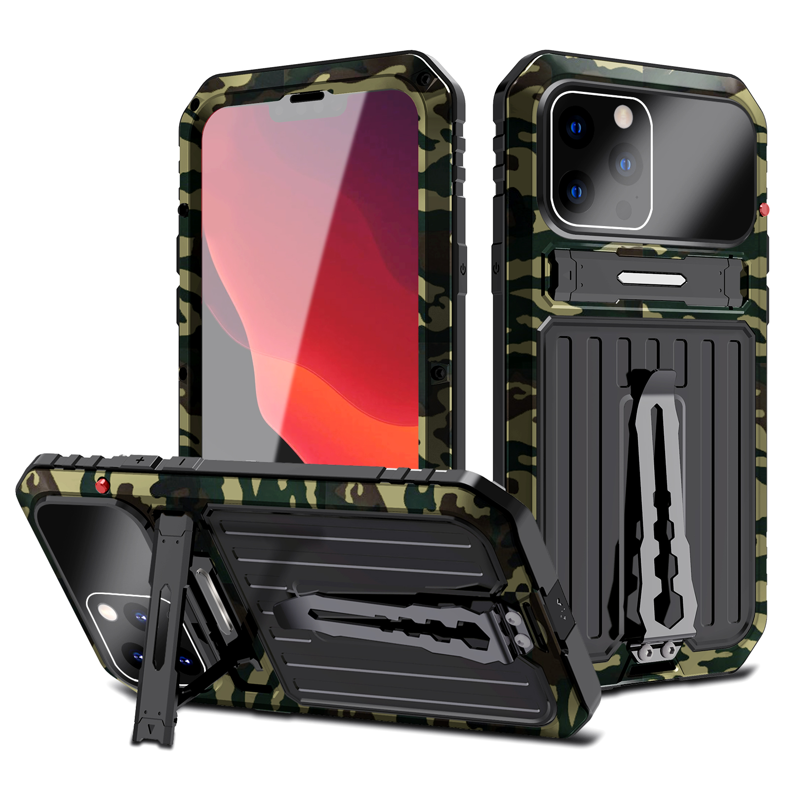 

Плезателенная Броня TPU+Metal Hybrid Phone Cope Cope с Измельченной Стеклянной Пленкой и Подставкой Для Iphone 13 Pro Max 6,7 Дюйма - Камуфляж, iPhone 13 Pro Max