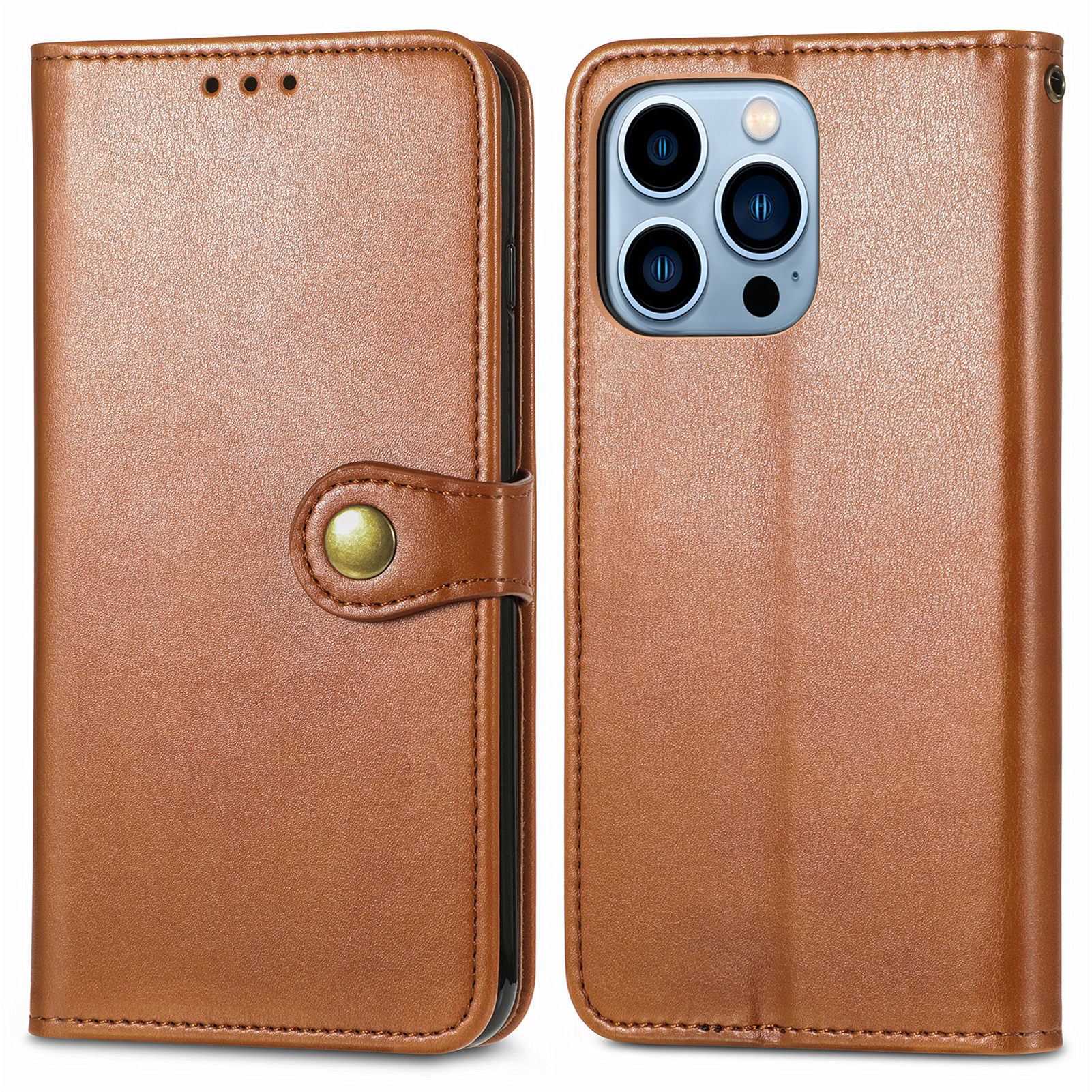 

Magnetic Round Buckle Design Solid Color Wallet Stand Design Leather Phone Case for iPhone 13 Pro Max 6.7 inch - Brown, iPhone 13 Pro Max