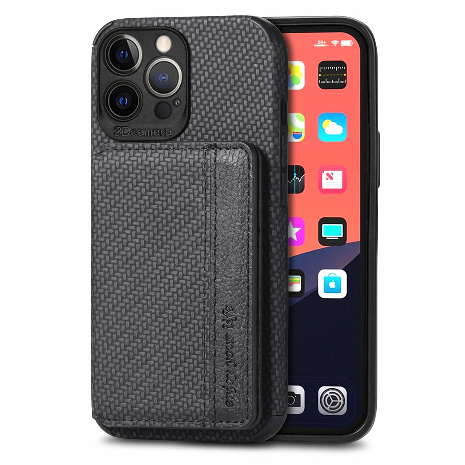 

Anti-Drop Wallet Case Design Carbon Fiber Texture Built-in Magnet Leather Coated TPU Phone Cover with Kickstand for iPhone 13 Pro Max 6.7 inch - Black, iPhone 13 Pro Max
