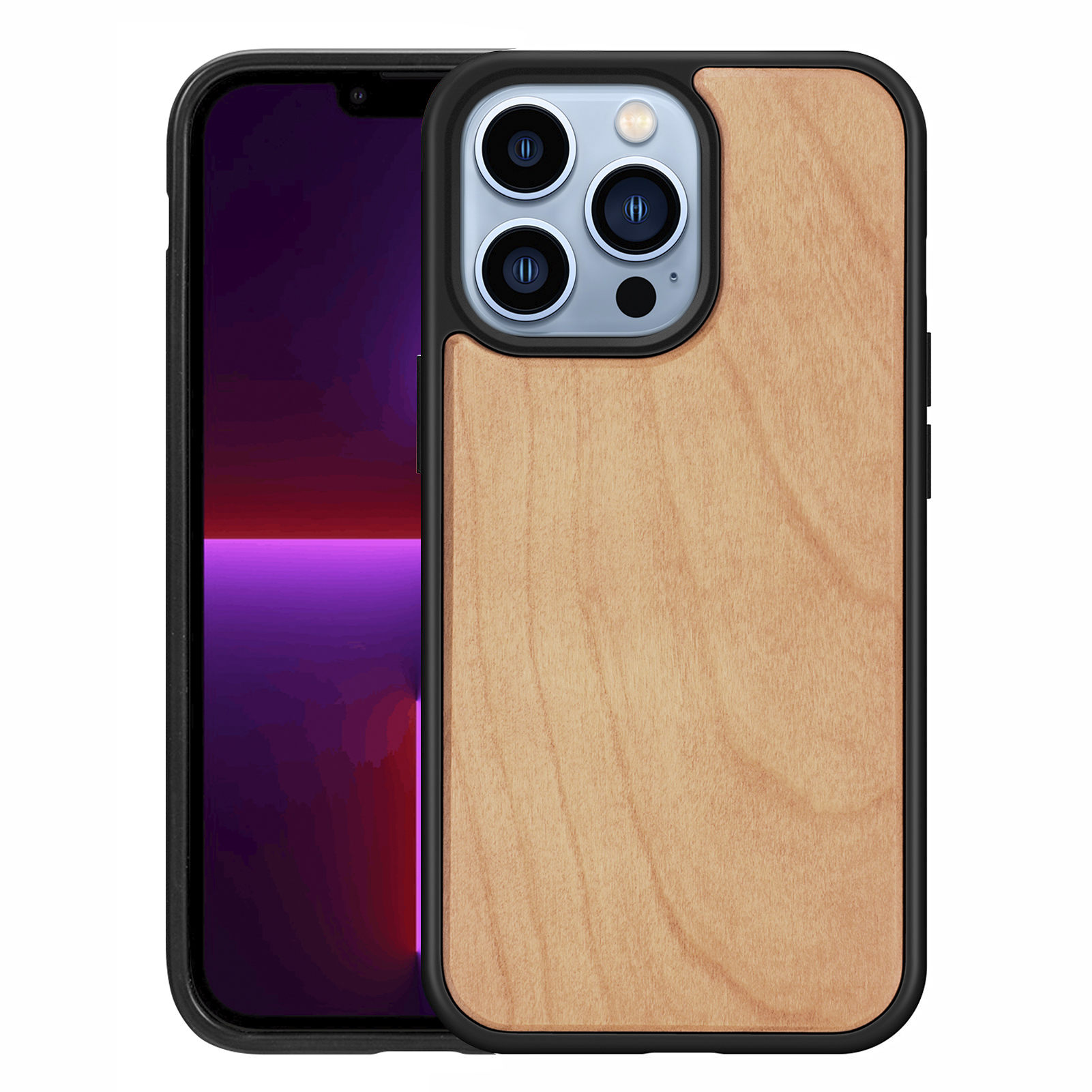 

Solid Wood + TPU Well-Protected Hybrid Phone Case Shell for iPhone 13 Pro 6.1 inch - Cherry, iPhone 13 Pro
