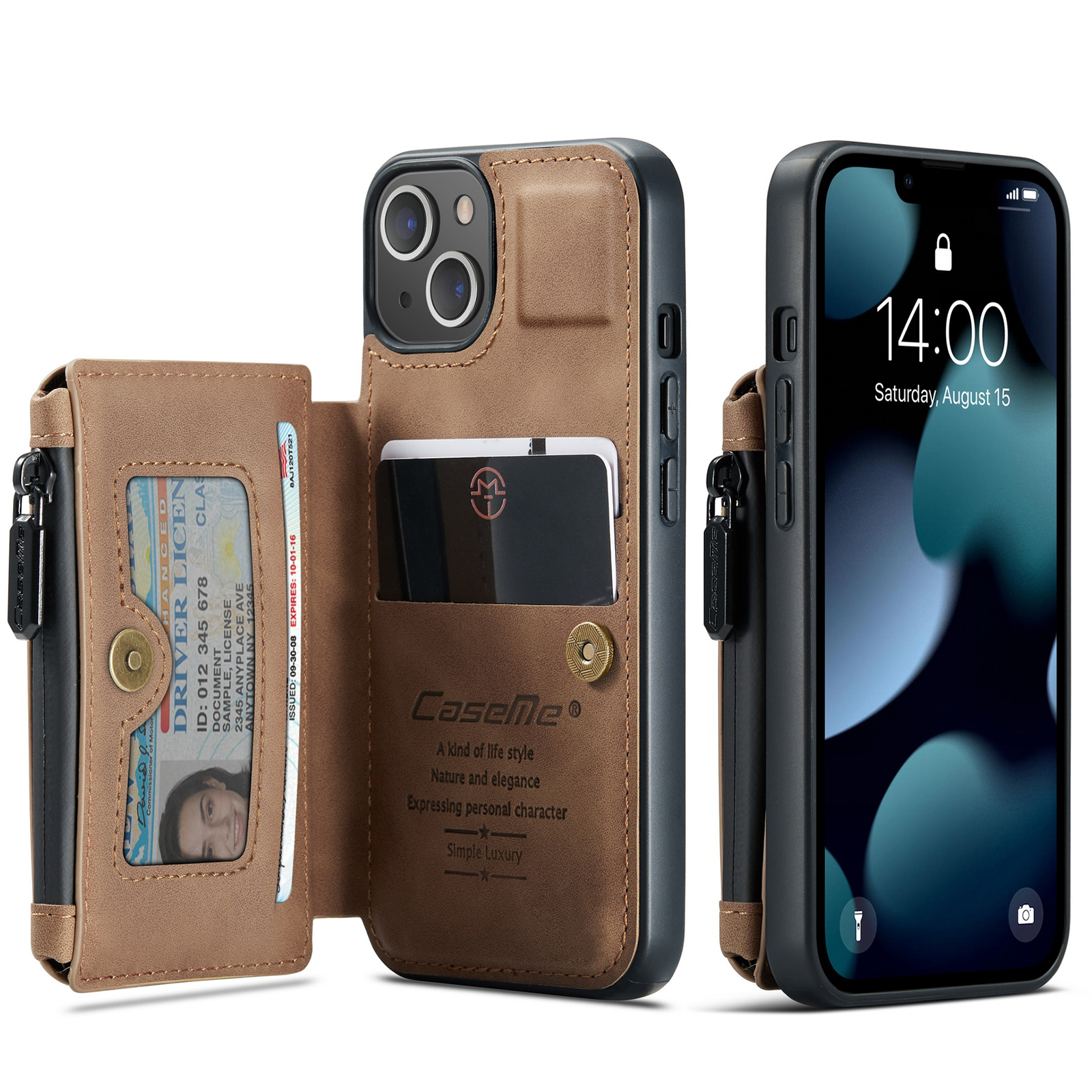 

COSEME C20 Series Zipper Pocket Card Card Card Contrain Product Pu Кожаная И TPU Задняя Оболочка Для IPhone 13 Mini 5,4 Дюйма - Коричневый, iPhone 13 mini