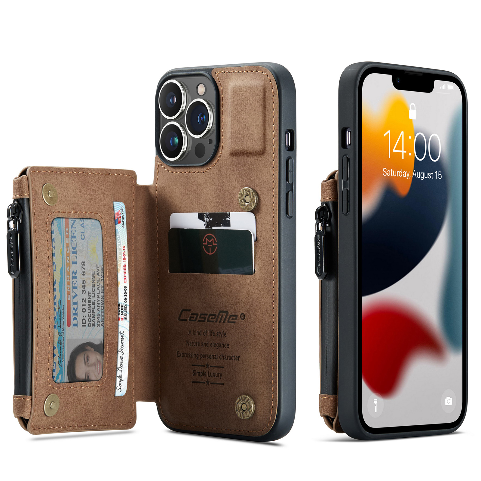 

CASEME C20 Series Scratch Resistant Shockproof Phone Cover Zipper Pocket Card Slots Wallet Design PU Leather and TPU Back Case for iPhone 13 Pro Max 6.7 inch - Brown, iPhone 13 Pro Max