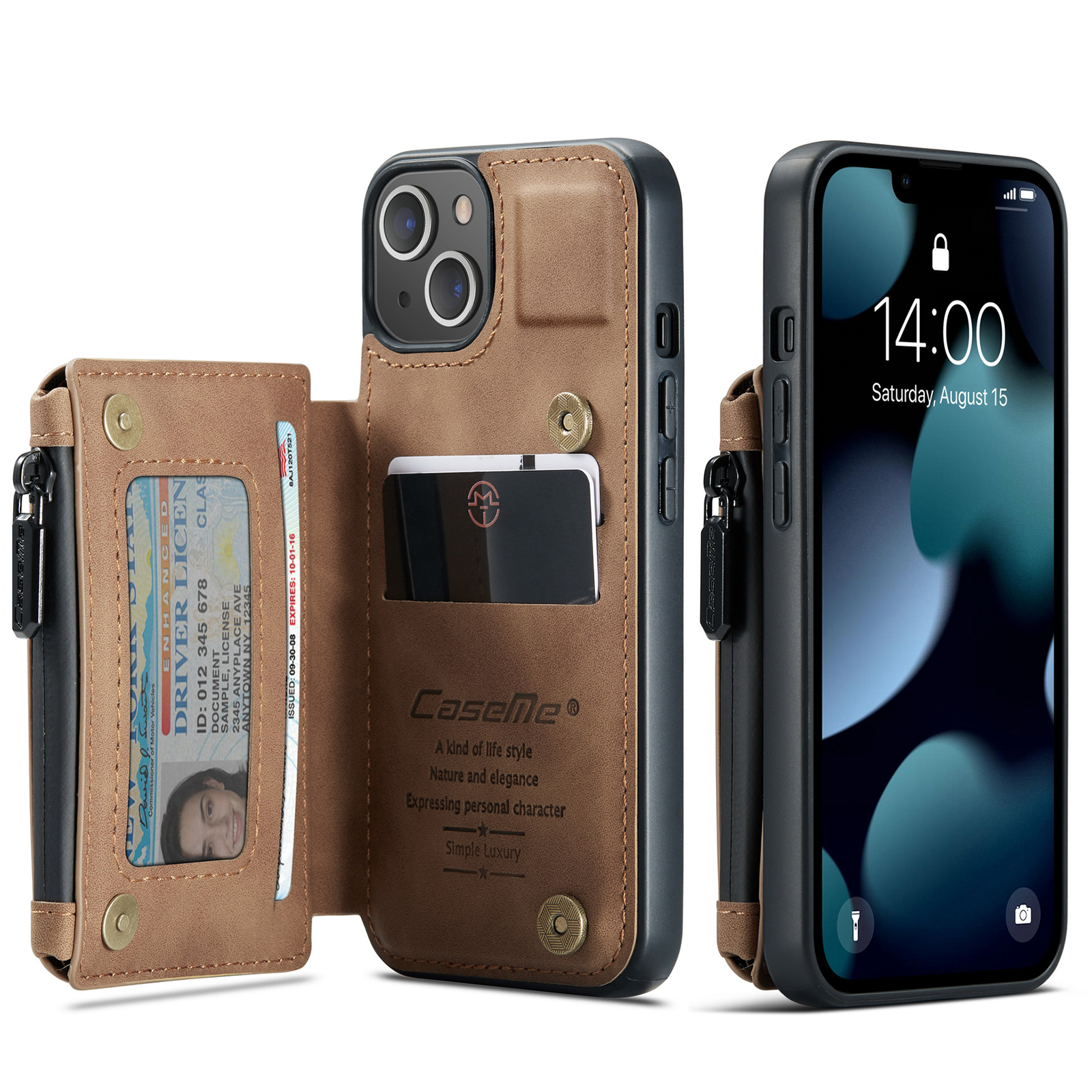 

Caseme C20 Series Shockprotemper Antipper Pocket Design Design Design Кожа Кожа и TPU Задняя Крышка Для Iphone 13 6,1 Дюйма - Коричневый, iPhone 13