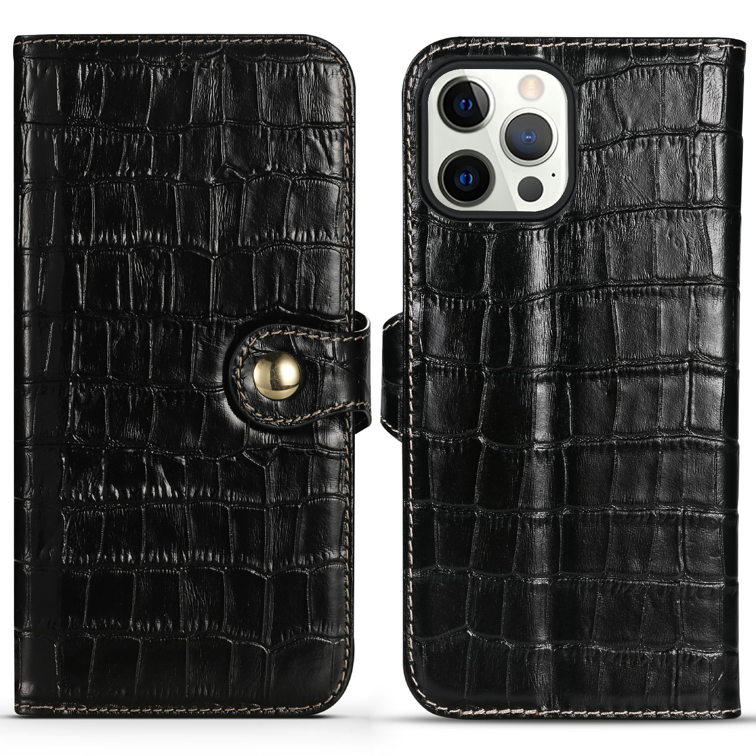 

Crocodile Texture Genuine Leather Wallet Folio Case Stand Shockproof TPU Cover for iPhone 13 Pro Max 6.7 inch - Black, iPhone 13 Pro Max