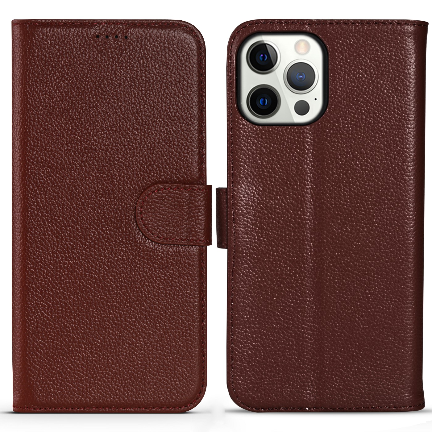 

Litchi Texture Stand Genuine Leather Wallet Magnetic Flip Cover for iPhone 13 Pro Max 6.1 inch - Dark Brown, iPhone 13 Pro Max