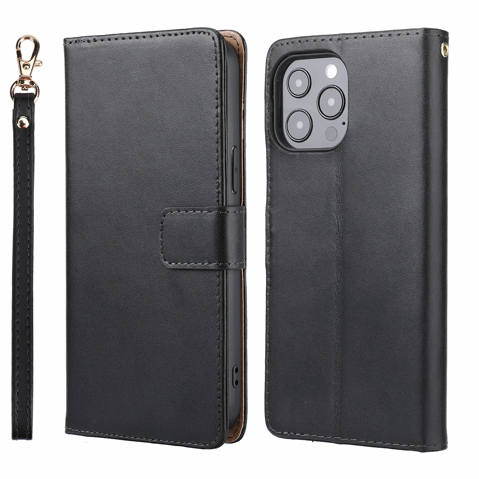 

Anti-theft Design Phone Case Wallet Stand Genuine Leather Phone Cover with Strap for iPhone 13 Pro Max 6.7 inch - Black, iPhone 13 Pro Max