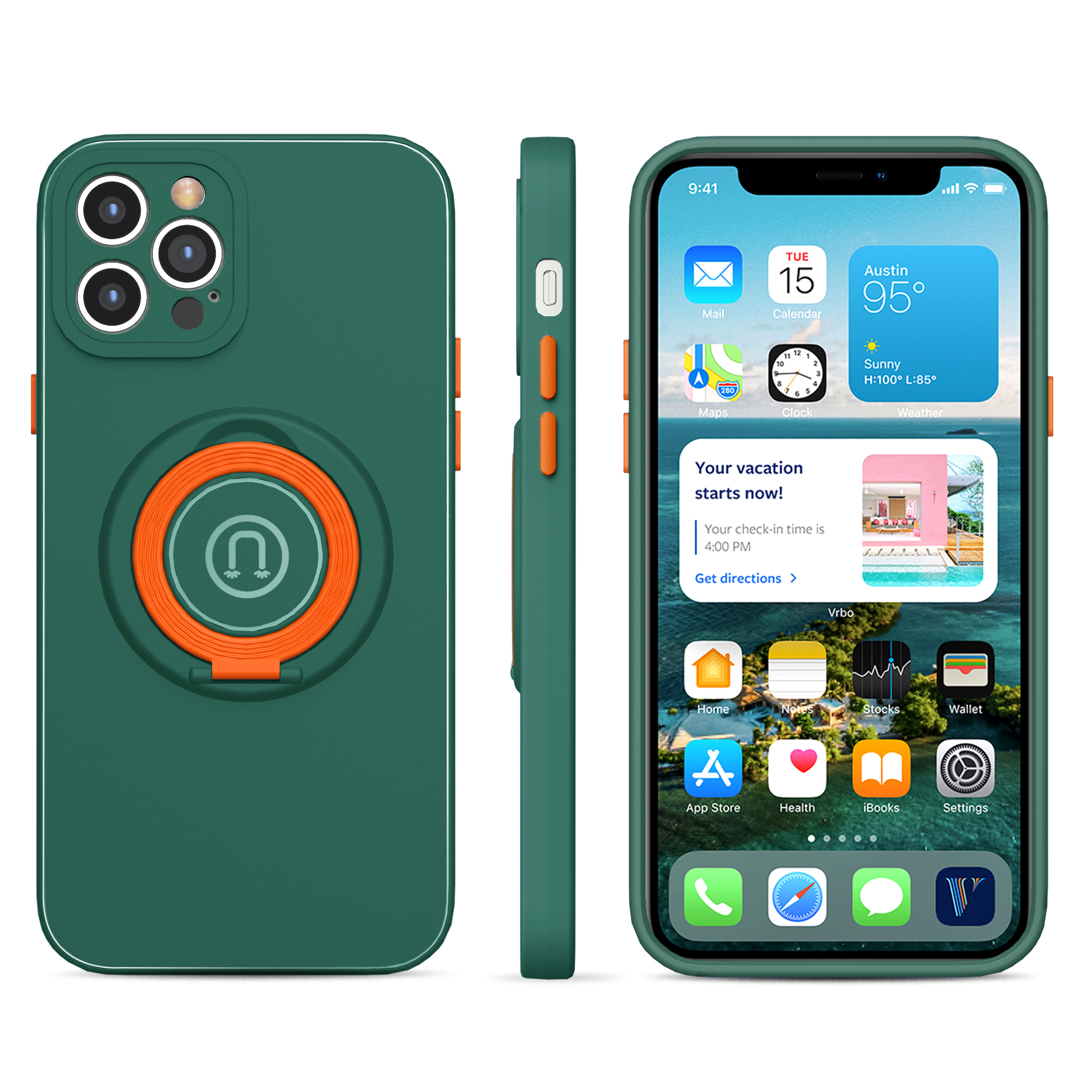 

Для IPhone 12 Pro Max 6,7 Дюйма Удаленное Качество Кожа Кожа Козыня Контрастный Цвет Гибридный Телефон Защитная Чехол Чехол С Кольцом Палец - Зеленый, iPhone 12 Pro Max