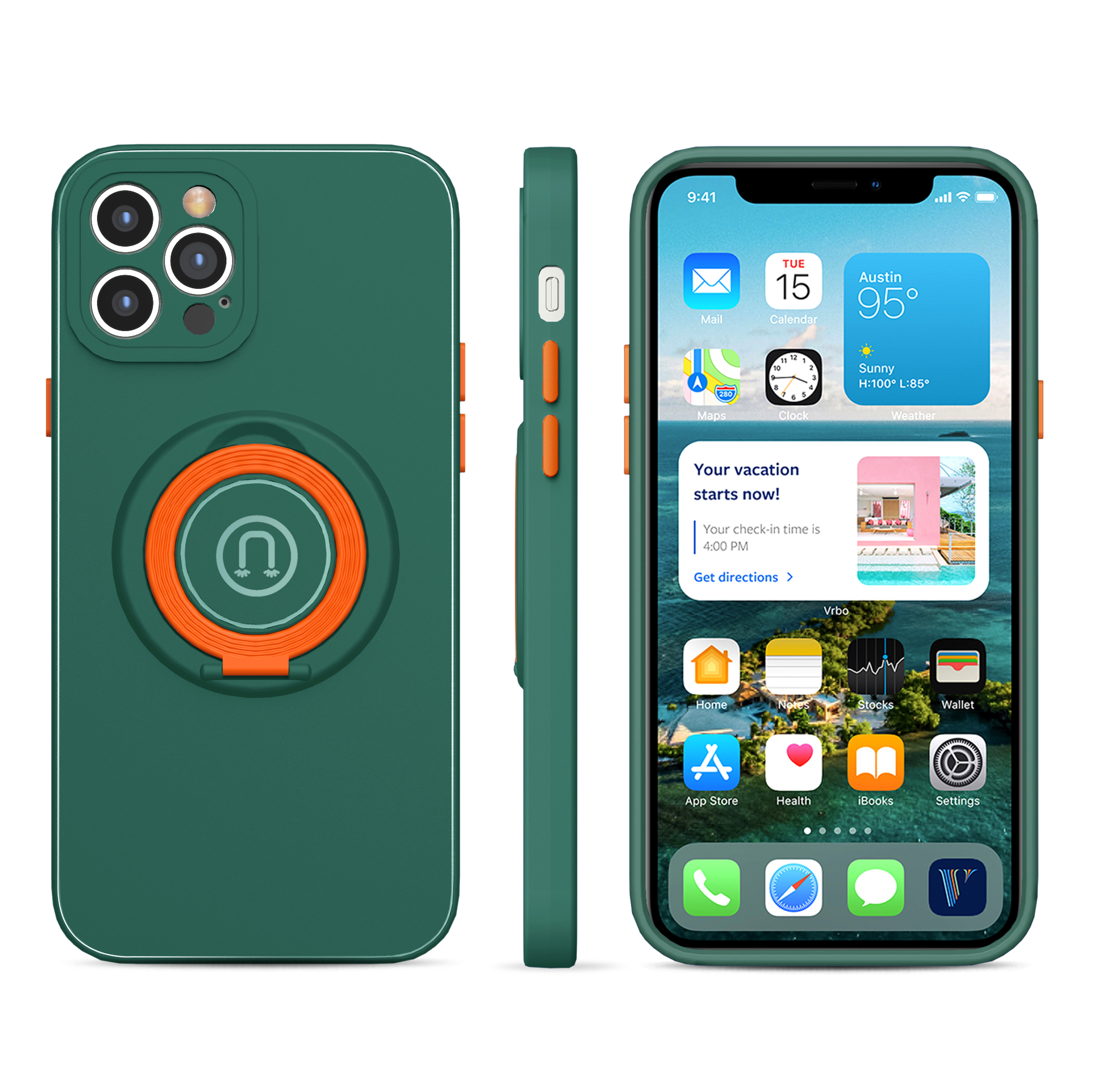 

Skin Feeling Contrast Color PC+TPU Phone Protection Case Cover with Finger Ring Kickstand for iPhone 12 Pro 6.1 inch - Green, iPhone 12 Pro