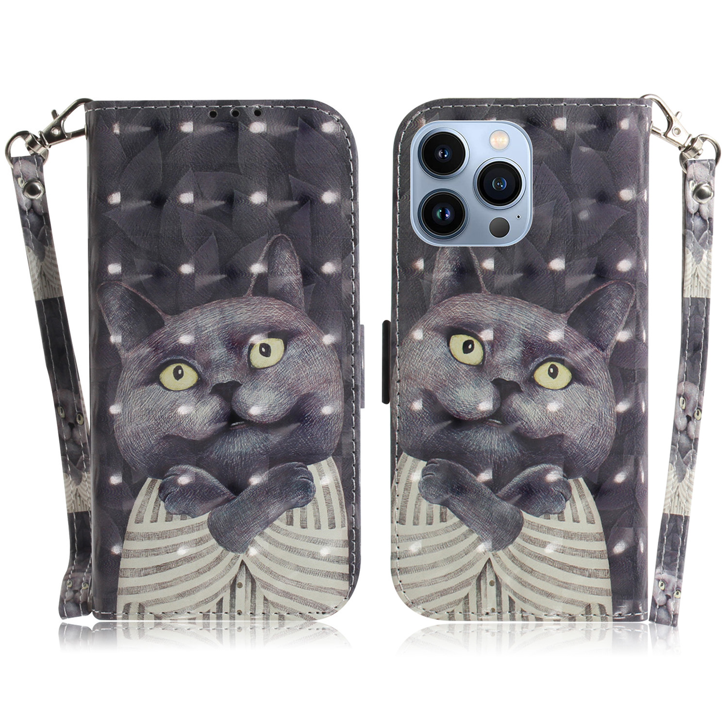 

Magnetic Clasp Pattern Printing Wallet Stand Leather Phone Case with Light Spot Decor for iPhone 13 Pro Max 6.7 inch - Cat, iPhone 13 Pro Max