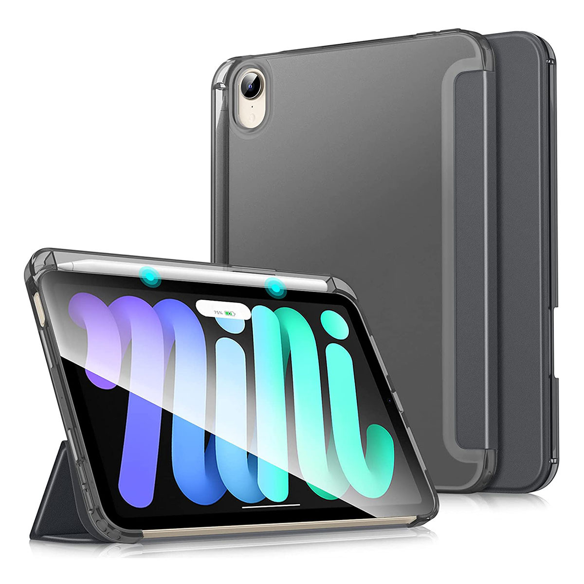 

Full Body Protection Tri-fold Stand PU Leather TPU Back Auto Wake/Sleep Smart Cover Case with Pencil Holder for iPad mini (2021) - Black, iPad mini (2021)