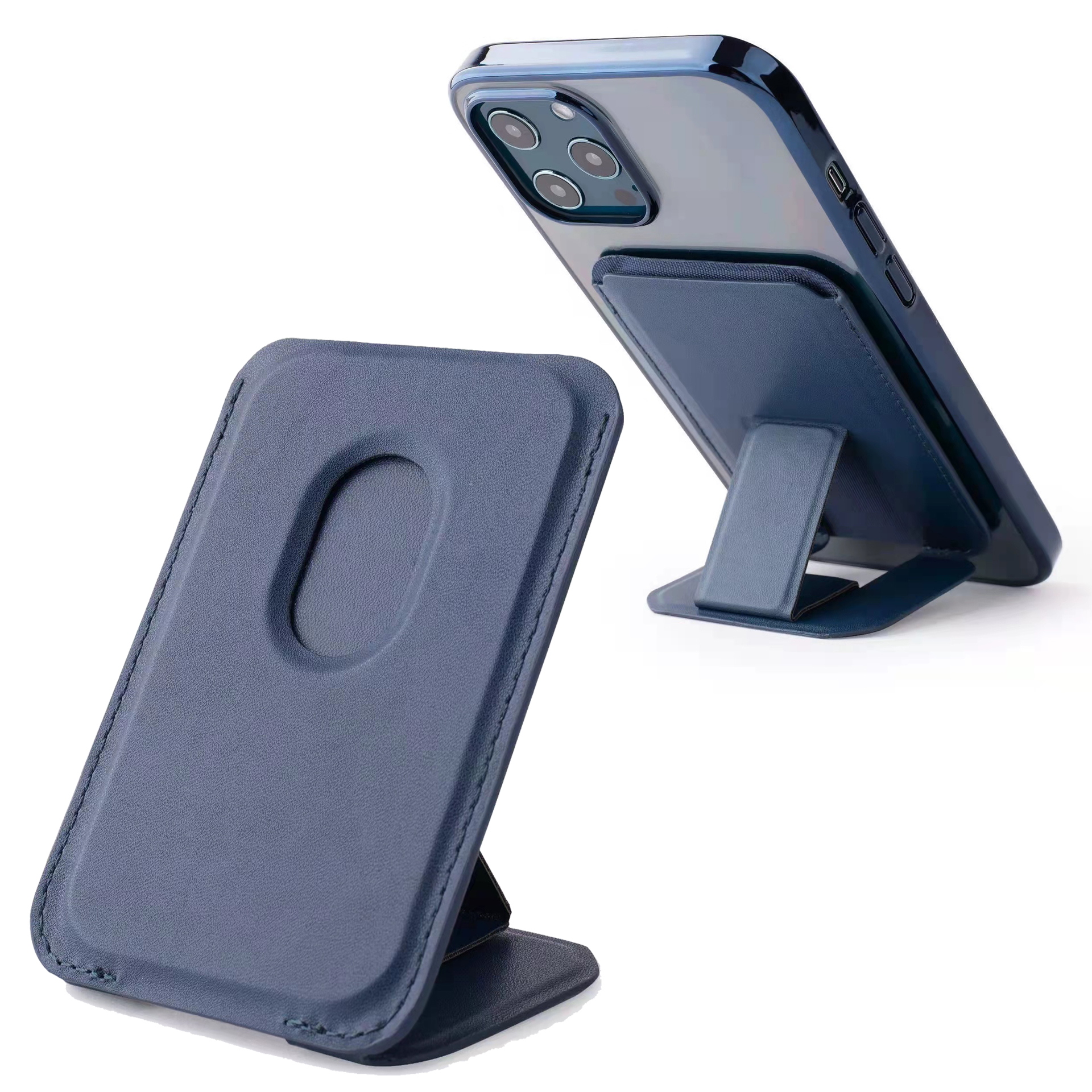 

Magnetic Absorption Phone Kickstand Holder PU Leather Cell Phone Bracket with Card Slot for iPhone 12/13 Series - Dark Blue, iPhone 12 mini