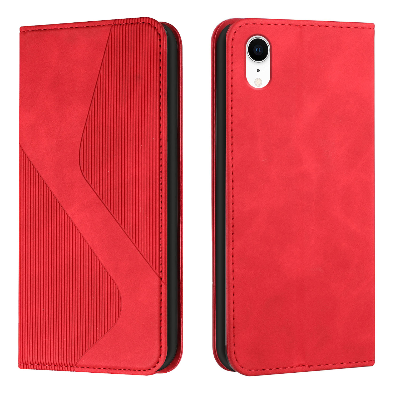 

Impact-resistant S-shaped Texture Magnetic Auto-absorbed Leather Wallet Stand Phone Case for iPhone XR 6.1 inch - Red, iPhone XR 6.1 inch