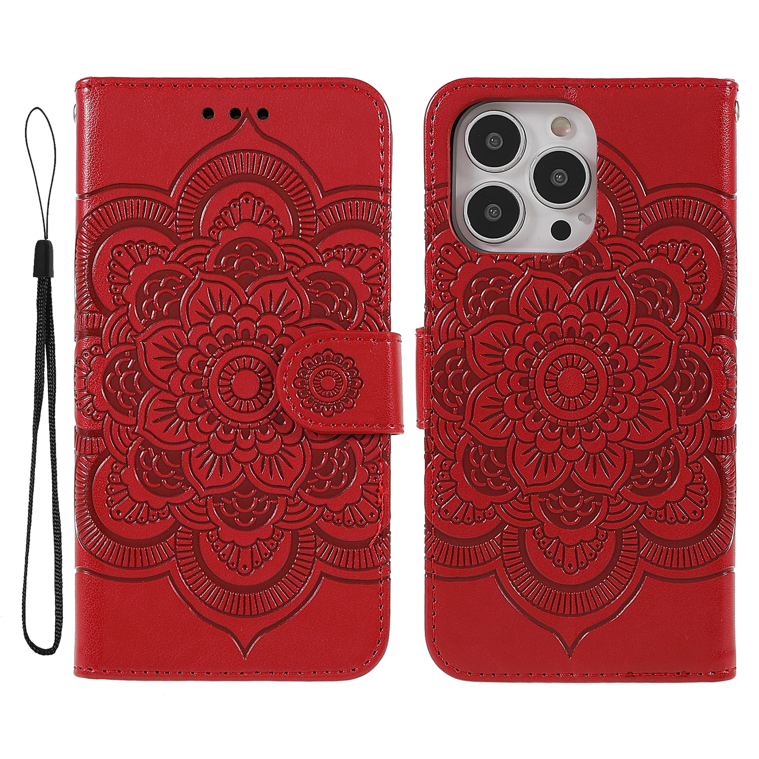 

PU Leather Imprinting Mandala Flower Phone Cover Stand Wallet Case for iPhone 13 Pro Max 6.7 inch - Red, iPhone 13 Pro Max