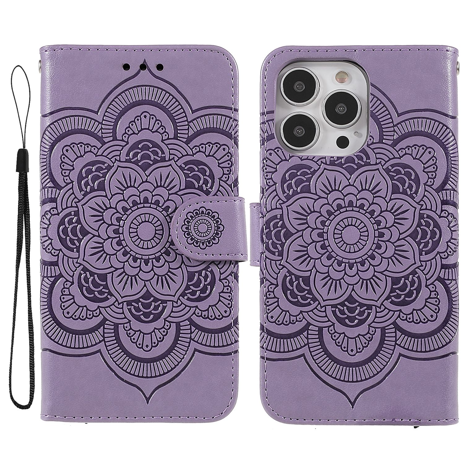 

PU Leather Imprinting Mandala Flower Phone Cover Stand Wallet Case for iPhone 13 Pro Max 6.7 inch - Purple, iPhone 13 Pro Max
