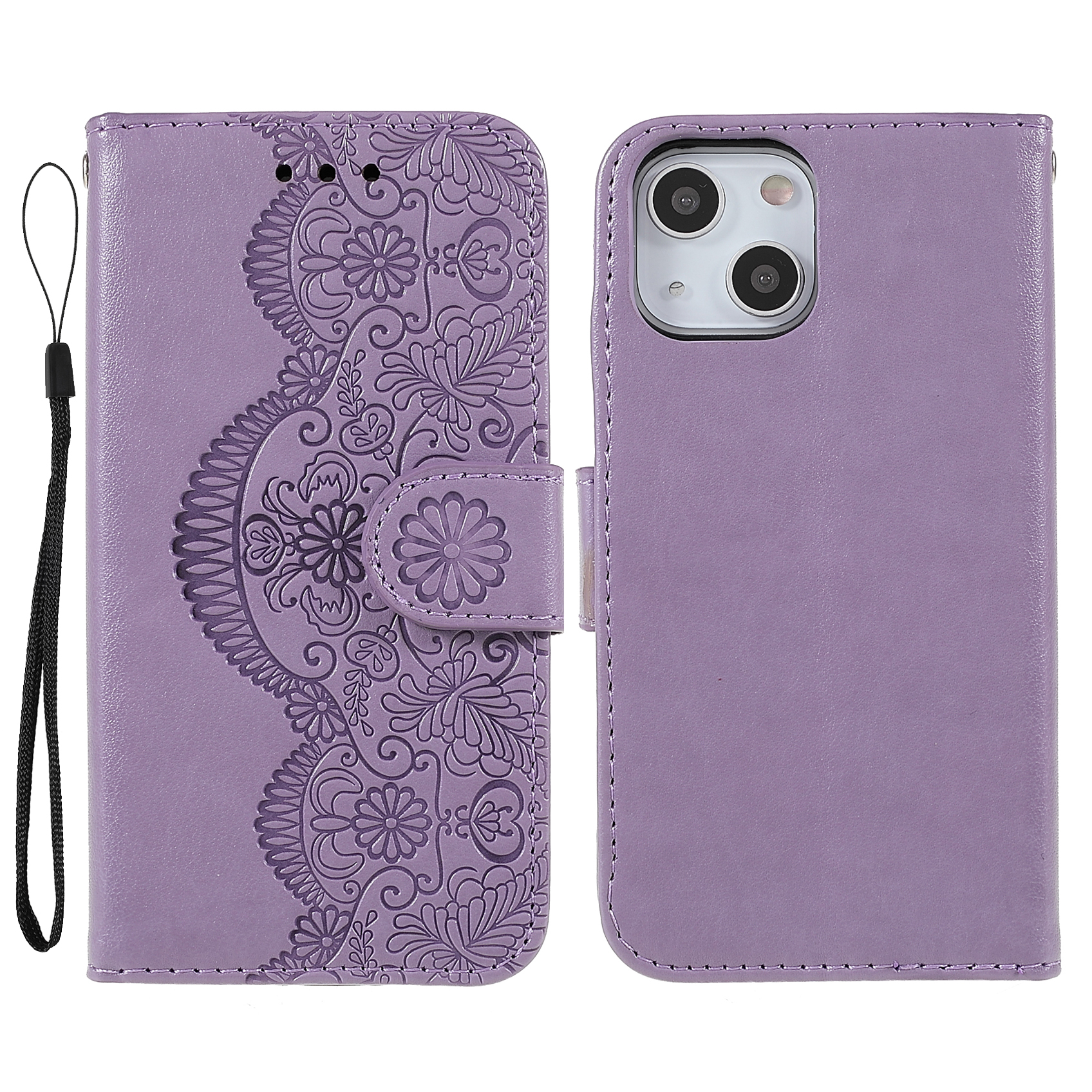

Цветочная Лоза Imprinting Design Stand Кожаный Кошелек Flip Телефон Чехол С Ремешком Для IPhone 13 Mini 5,4 Дюйма - Фиолетовый, iPhone 13 mini