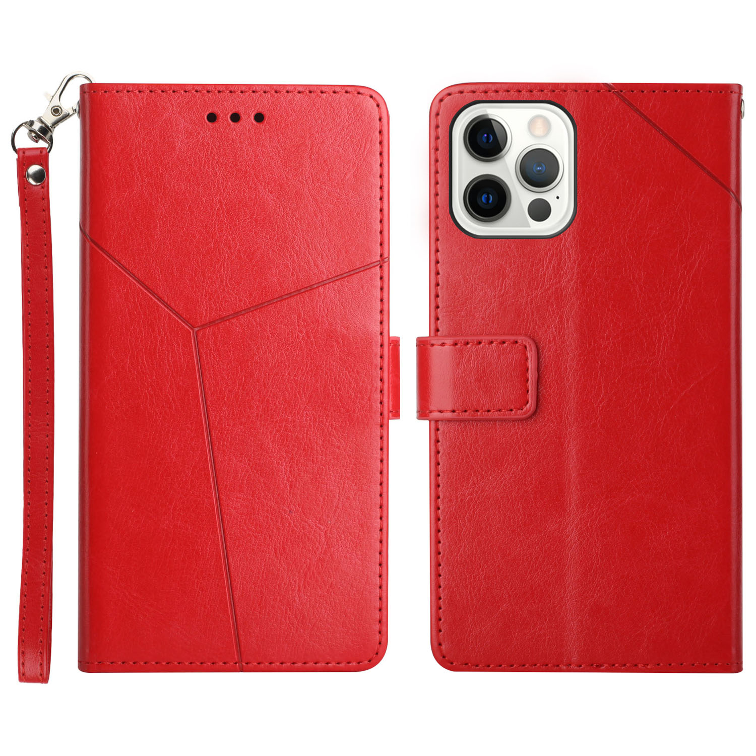 

Y-shaped Line Imprinted Full Protection Leather Phone Case Stand Wallet Cover with Strap for iPhone 13 Pro Max 6.7 inch - Red, iPhone 13 Pro Max