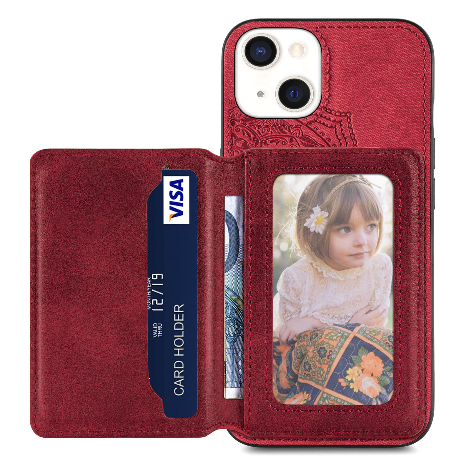 

Wallet Kickstand Design Mandala Flower Pattern PU Leather Coated Phone Case Cover for iPhone 13 mini 5.4 inch - Red, iPhone 13 mini