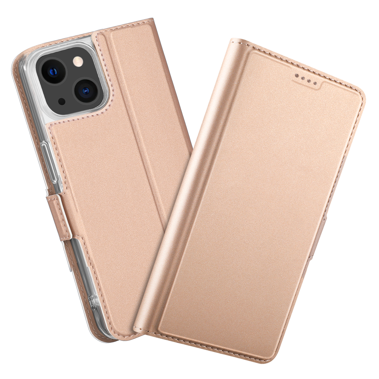

PU Leather Shell for iPhone 13 6.1 inch Side Magnetic Closure Simple Business Style Stand Case - Rose Gold, iPhone 13