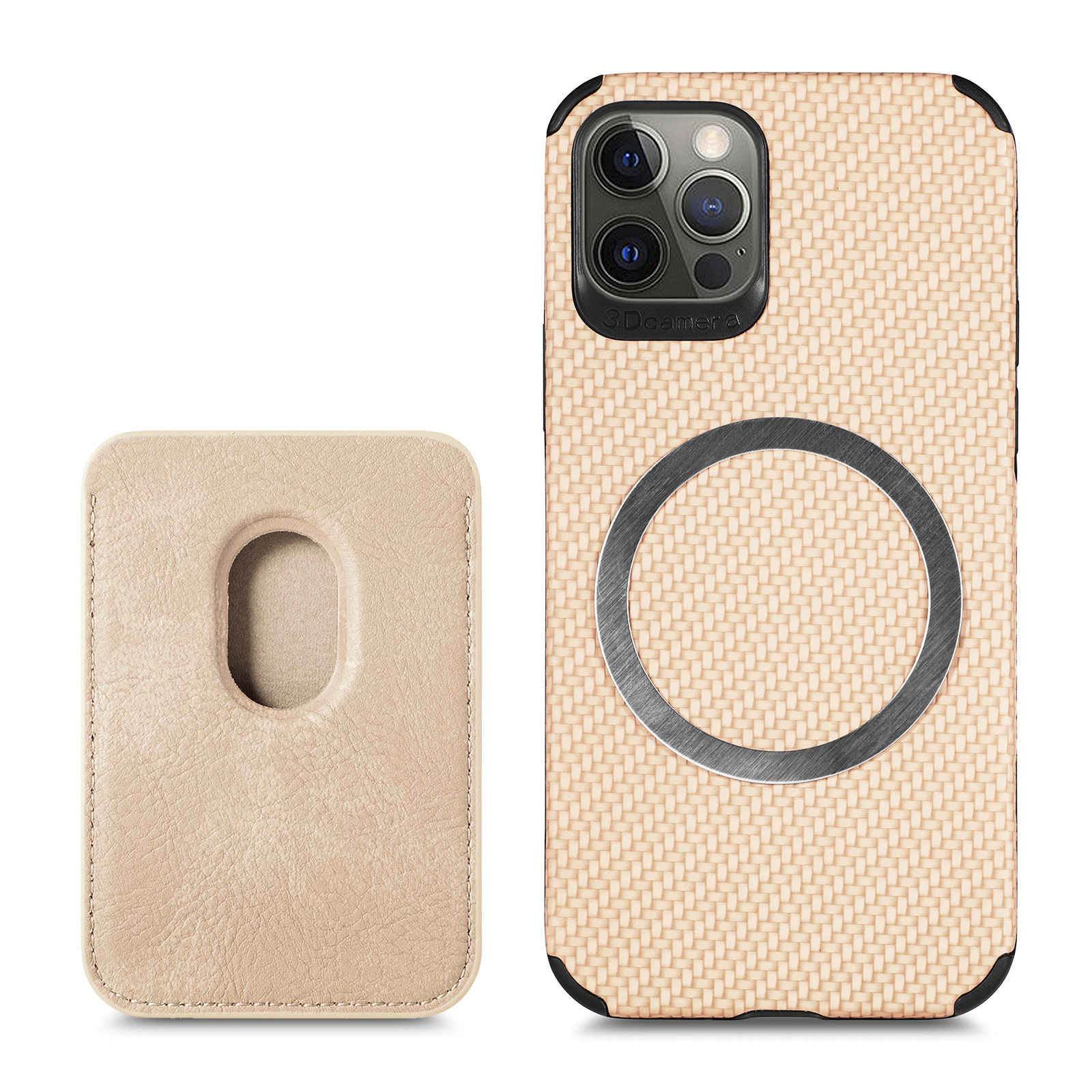 

For iPhone 12 Pro Max 6.7 inch Stylish Carbon Fiber Magnetic Absorption Card Holder Leather+TPU Phone Case Detachable Design Phone Cover - Khaki, iPhone 12 Pro Max