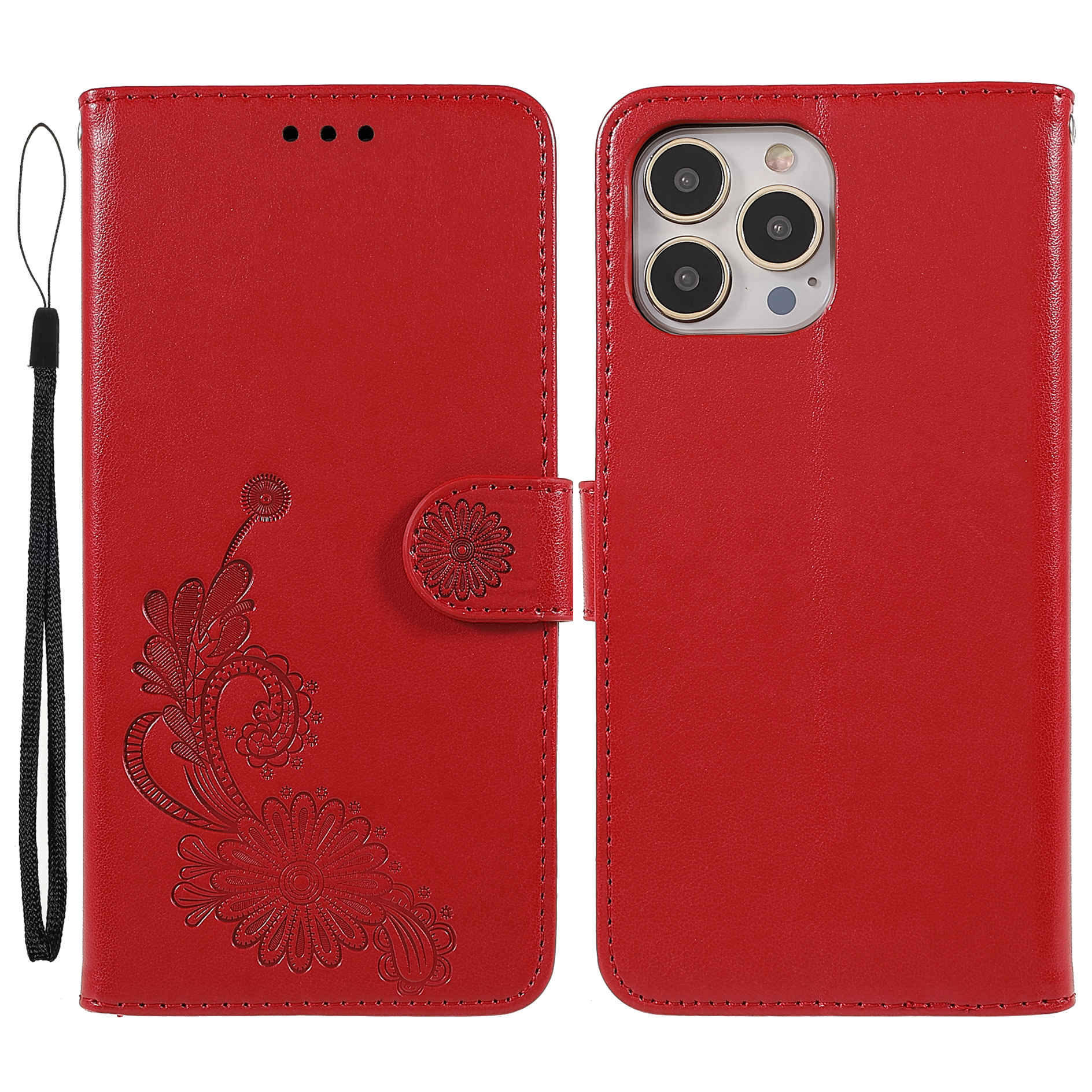 

Imprinted Lace and Lotus Pattern PU Leather Folio Flip Stand Wallet Phone Case with Wrist Strap for iPhone Pro Max 6.7 inch - Red, iPhone 13 Pro Max