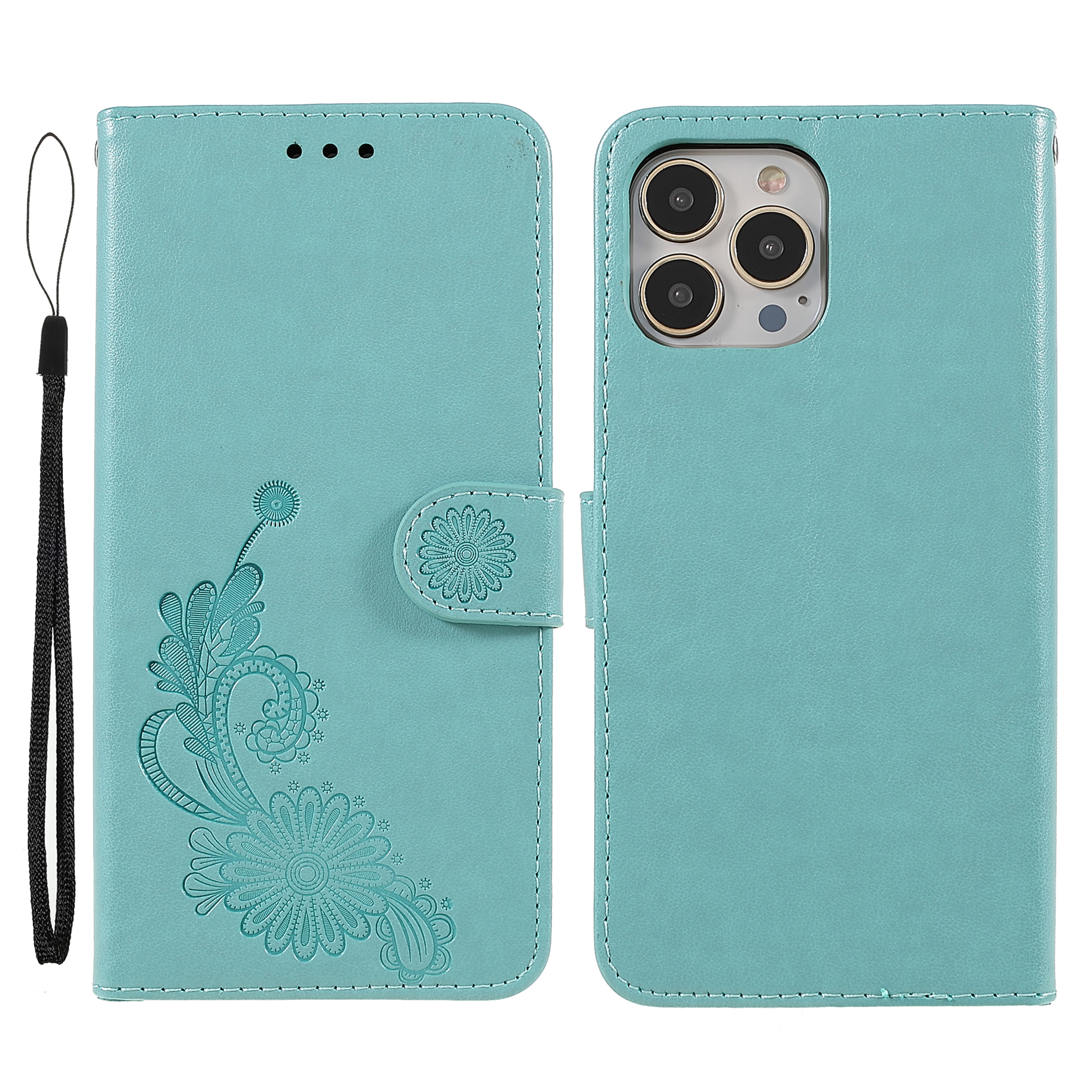 

Imprinted Lace and Lotus Pattern PU Leather Folio Flip Stand Wallet Phone Case with Wrist Strap for iPhone Pro Max 6.7 inch - Cyan, iPhone 13 Pro Max