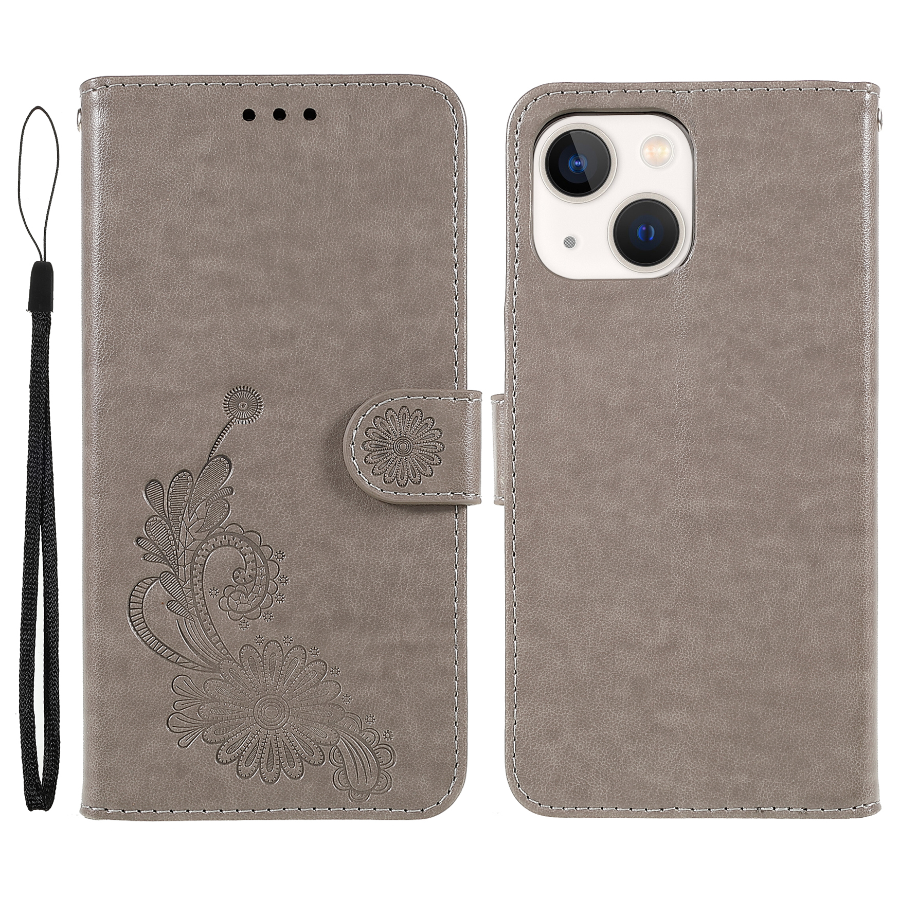 

Imprinted Lace and Lotus Pattern PU Leather Wallet Stand Folio Flip Phone Cover with Strap for iPhone 13 mini 5.4 inch - Grey, iPhone 13 mini