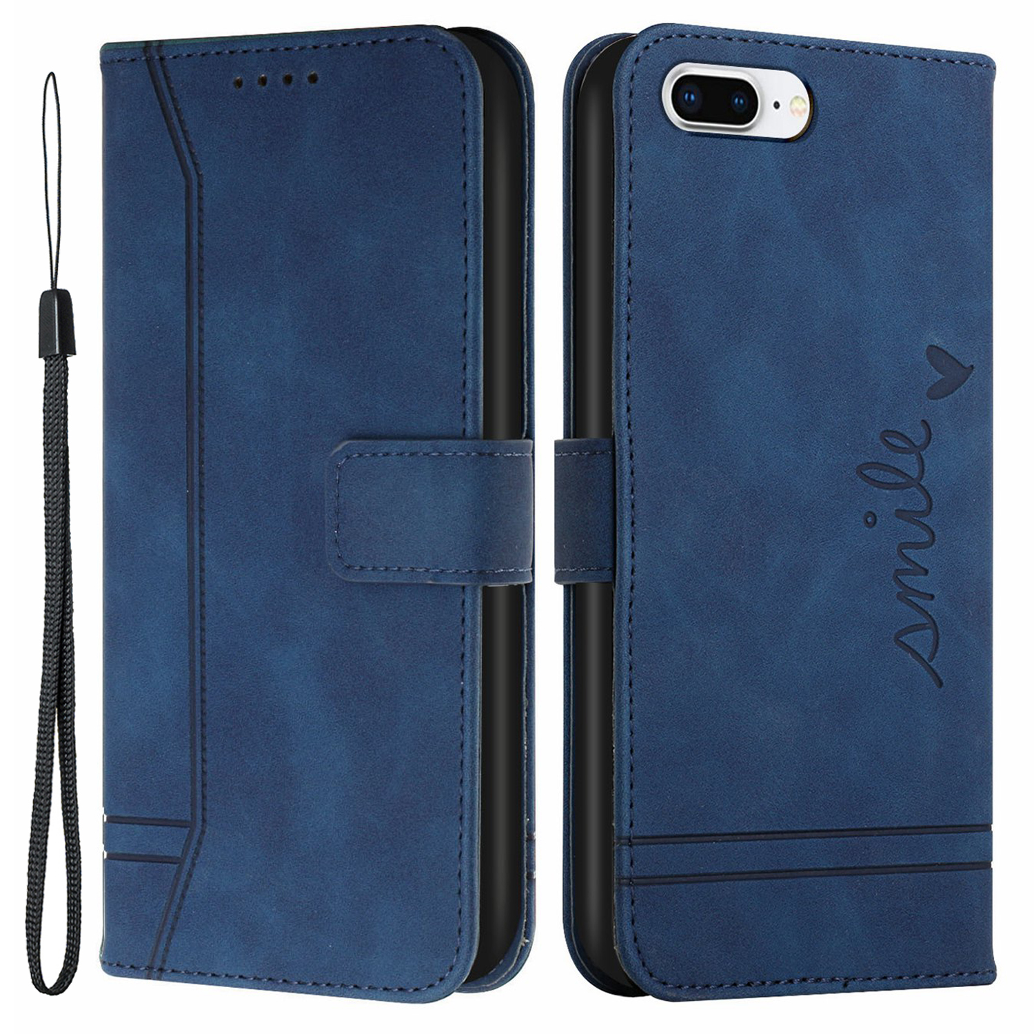 

003 Series Scratch Resistant Heart Shape Imprinted Wallet Stand Leather TPU Protective Cover for iPhone 8 Plus/7 Plus/6 Plus - Blue, iPhone 8 Plus 5.5 inch