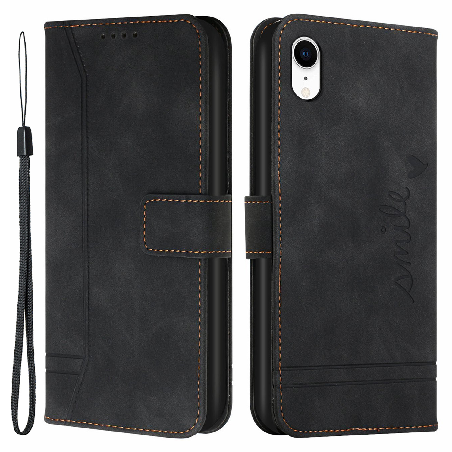 

003 Series Heart Shape Imprinted Skin-touch PU Leather Wallet Stand Shockproof TPU Inner Protective Cover with Strap for iPhone XR 6.1 inch - Black, iPhone XR 6.1 inch