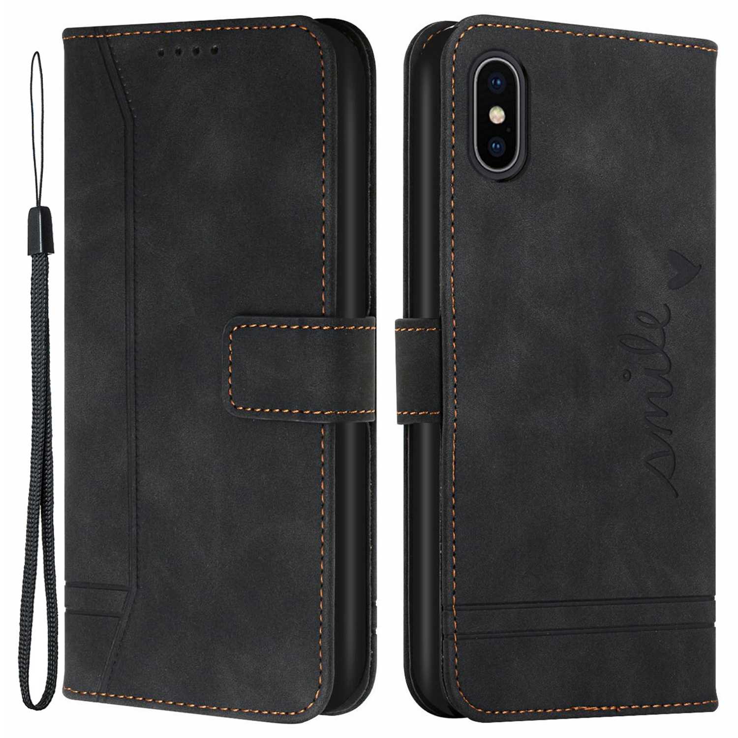 

003 Series Heart Shape Shockproof Imprinted Skin-touch PU Leather Wallet Stand TPU Protective Cover for iPhone XS Max 6.5 inch - Black, iPhone XS Max 6.5 inch