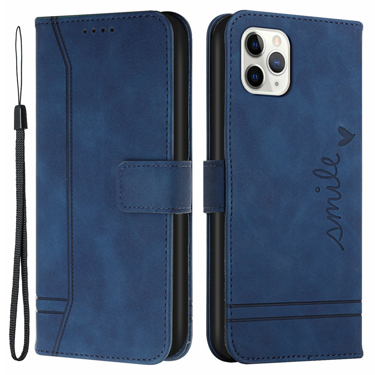 

003 Series Shockproof Heart Shape Imprinted Skin-touch PU Leather Wallet Stand TPU Protective Cover for iPhone 11 Pro Max 6.5 inch - Blue, iPhone 11 Pro Max 6.5 inch