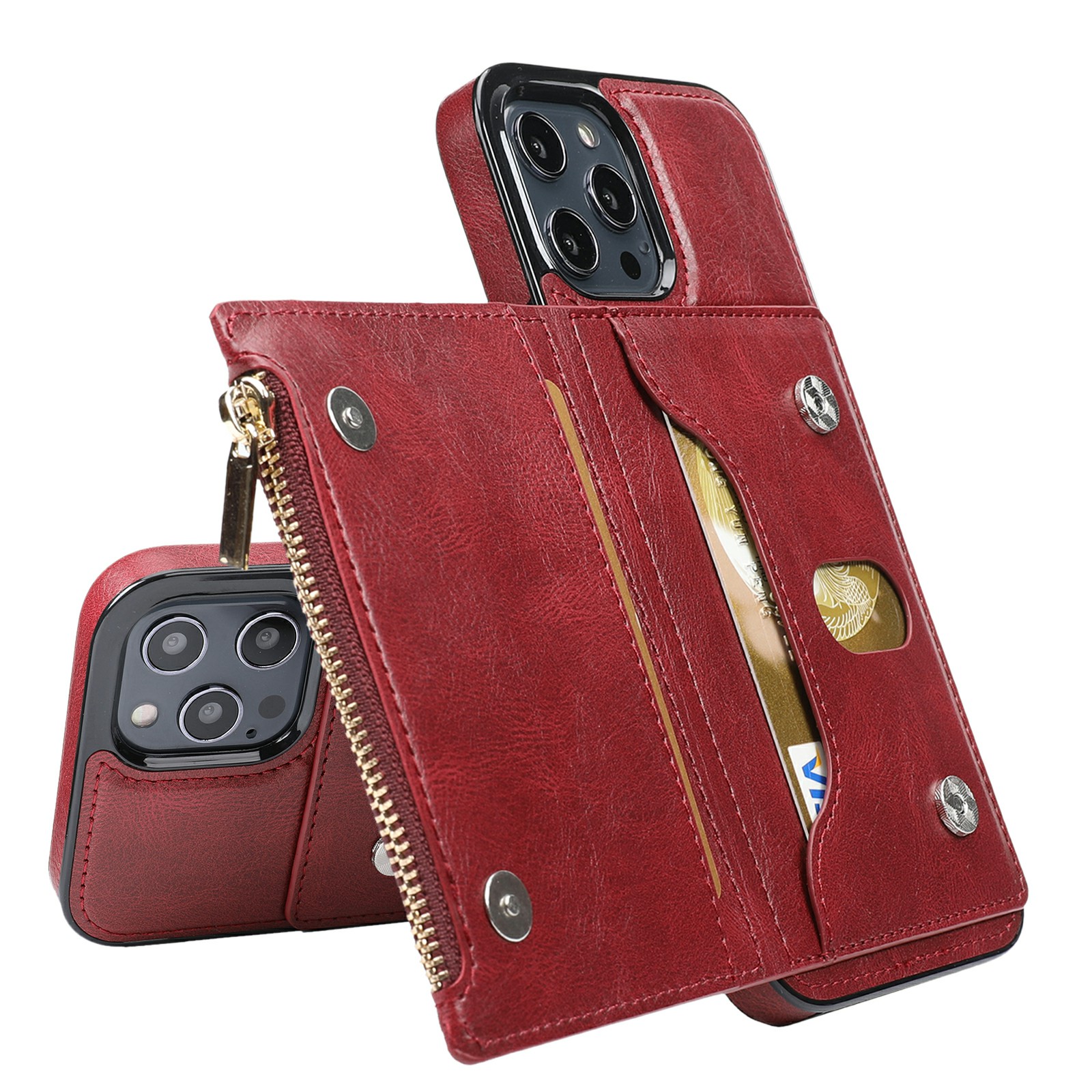 

Kickstand Design Scratch-Resistant Anti-Drop Stylish PU Leather Coated TPU Phone Back Case with Zipper Pocket for iPhone 13 Pro Max 6.7 inch - Red, iPhone 13 Pro Max