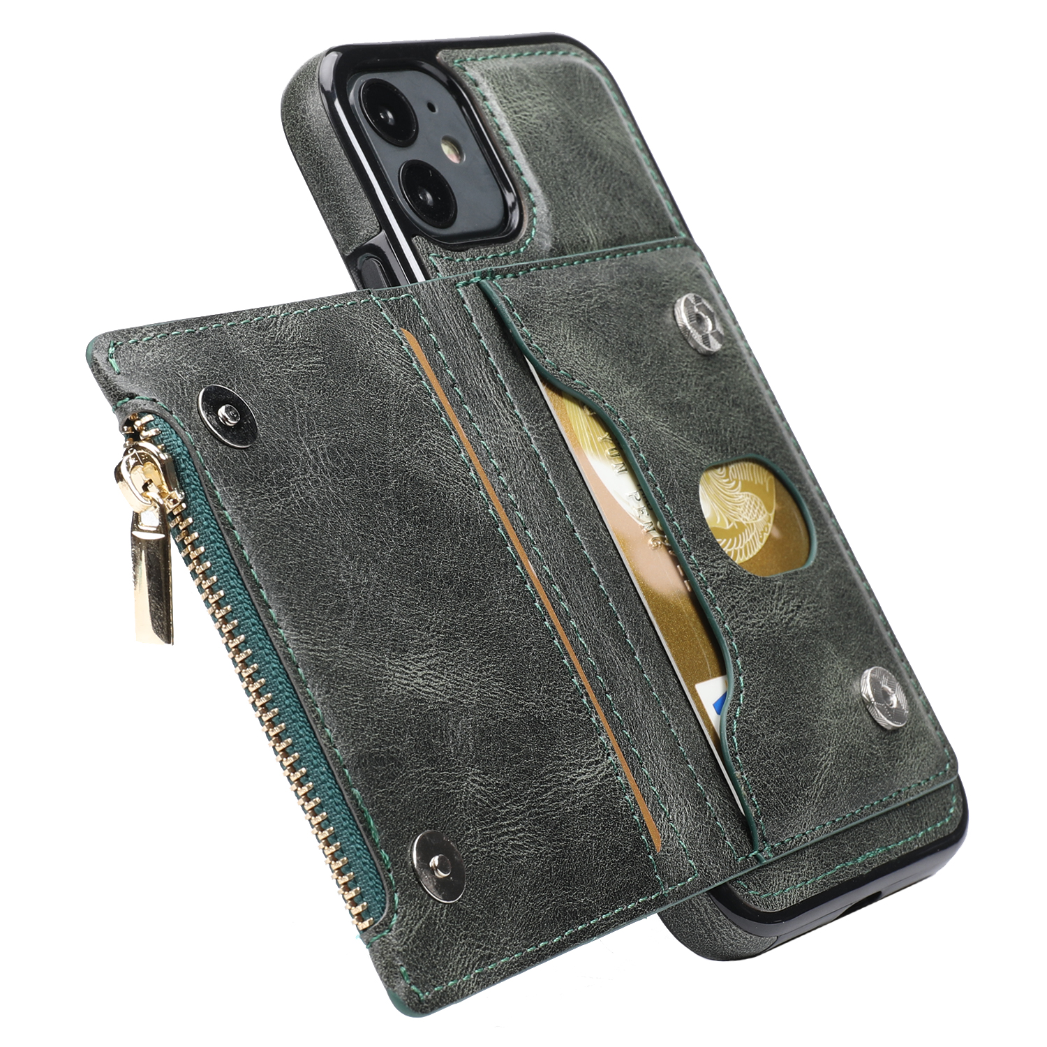 

All-round Protected Anti-scratch Kickstand Design Phone Back Shell Case with Zipper Pocket for iPhone 11 6.1 inch - Green, iPhone 11 6.1 inch