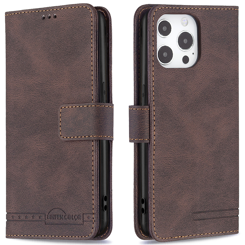 

BINFEN COLOR BF09 Magnetic Closure RFID Blocking Well-protected Wallet Stand Phone Cover Shell for iPhone 13 Pro 6.1 inch - Brown, iPhone 13 Pro