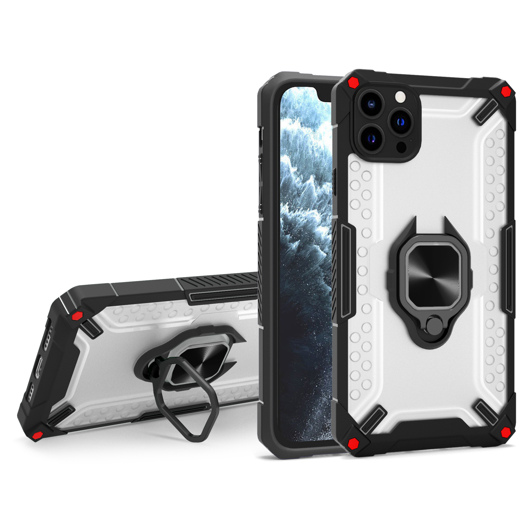 

Built-in Magnetic Holder Metal Sheet Anti-Drop PC+TPU Hybrid Case Phone Cover with Ring Kickstand for iPhone 13 Pro 6.1 inch- Black, iPhone 13 Pro
