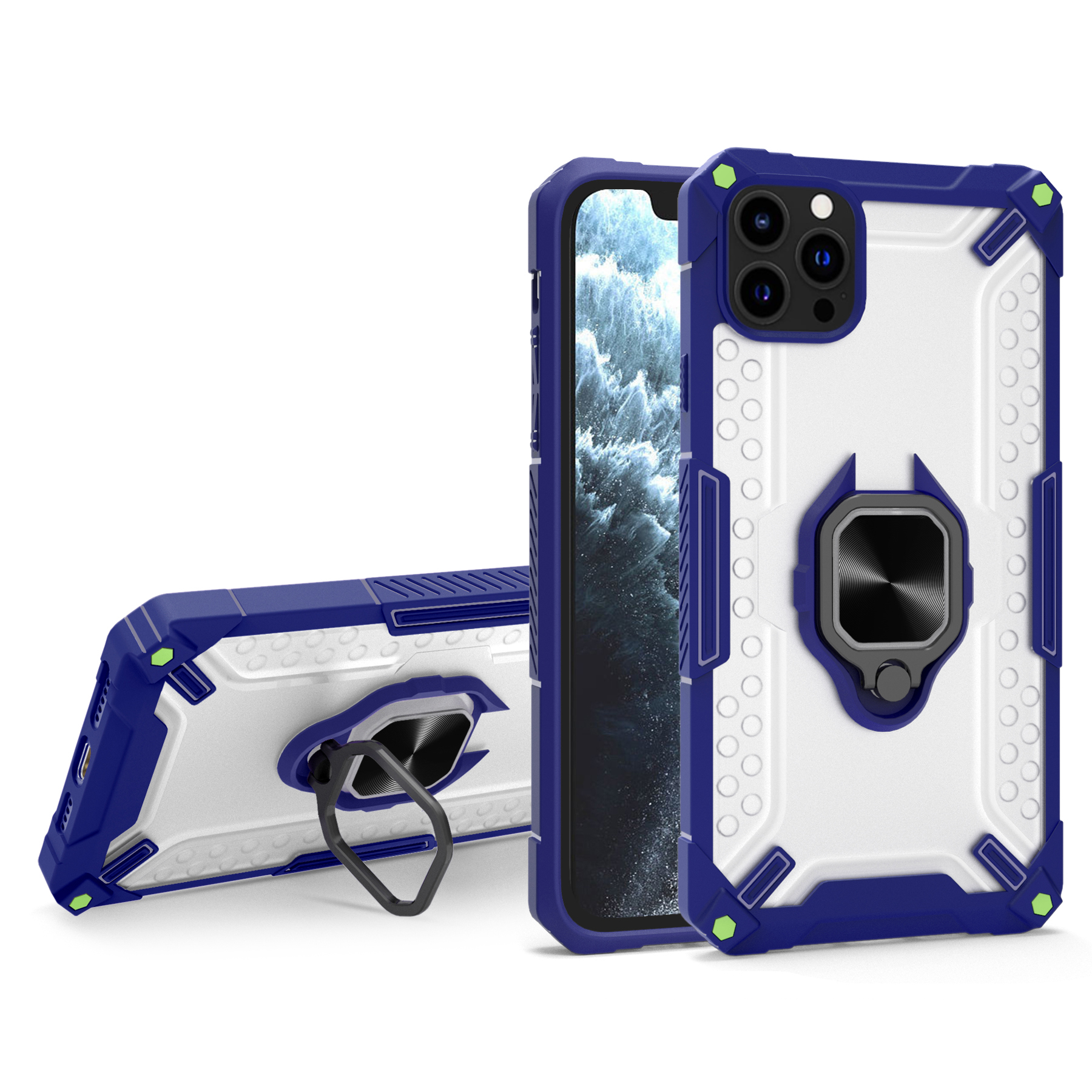 

Built-in Magnetic Holder Metal Sheet Anti-Drop PC+TPU Hybrid Case Phone Cover with Ring Kickstand for iPhone 13 Pro 6.1 inch- Royal Blue, iPhone 13 Pro
