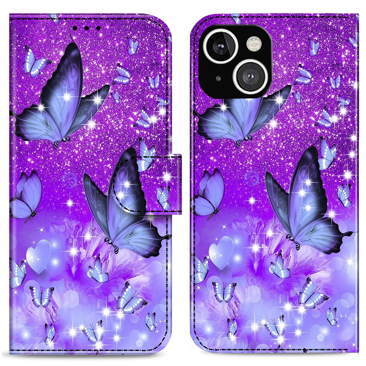 

Vivid Pattern Printing PU Leather Stand Wallet Full Protection Phone Case Shell for iPhone 13 mini 5.4 inch - Purple Butterfly, iPhone 13 mini