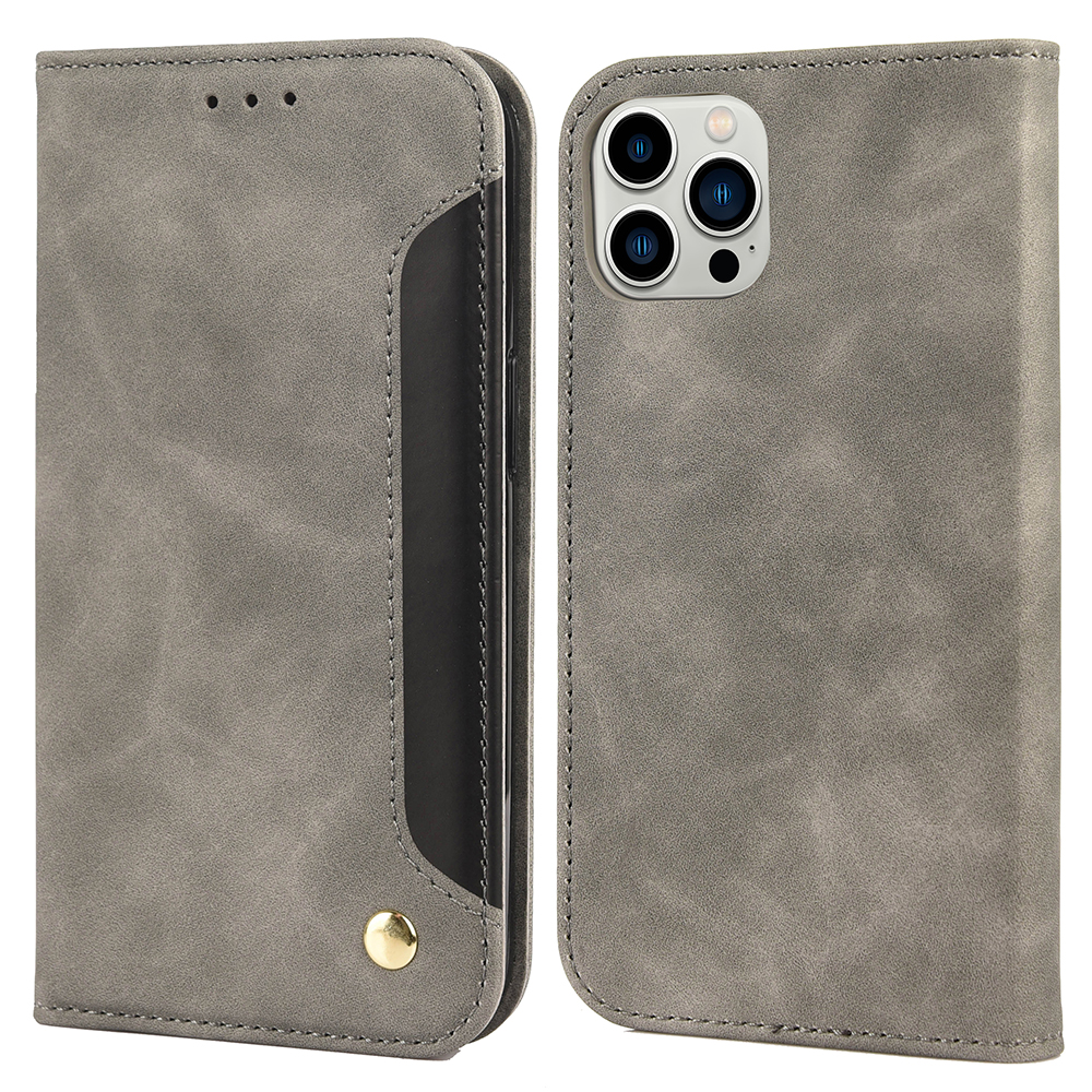 

Skin-Touch Feeling Leather Splicing Phone Case with Wallet and Stand for iPhone 12 Pro Max 6.7 inch - Grey, iPhone 12 Pro Max