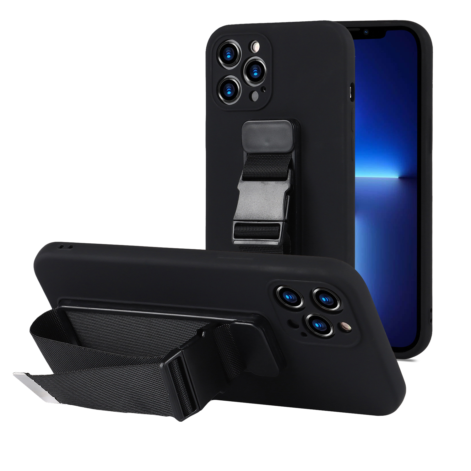 

Shockproof Soft TPU Phone Case with Adjustable Wrist Strap Kickstand and Long Shoulder Strap for iPhone 13 Pro Max 6.7 inch - Black, iPhone 13 Pro Max