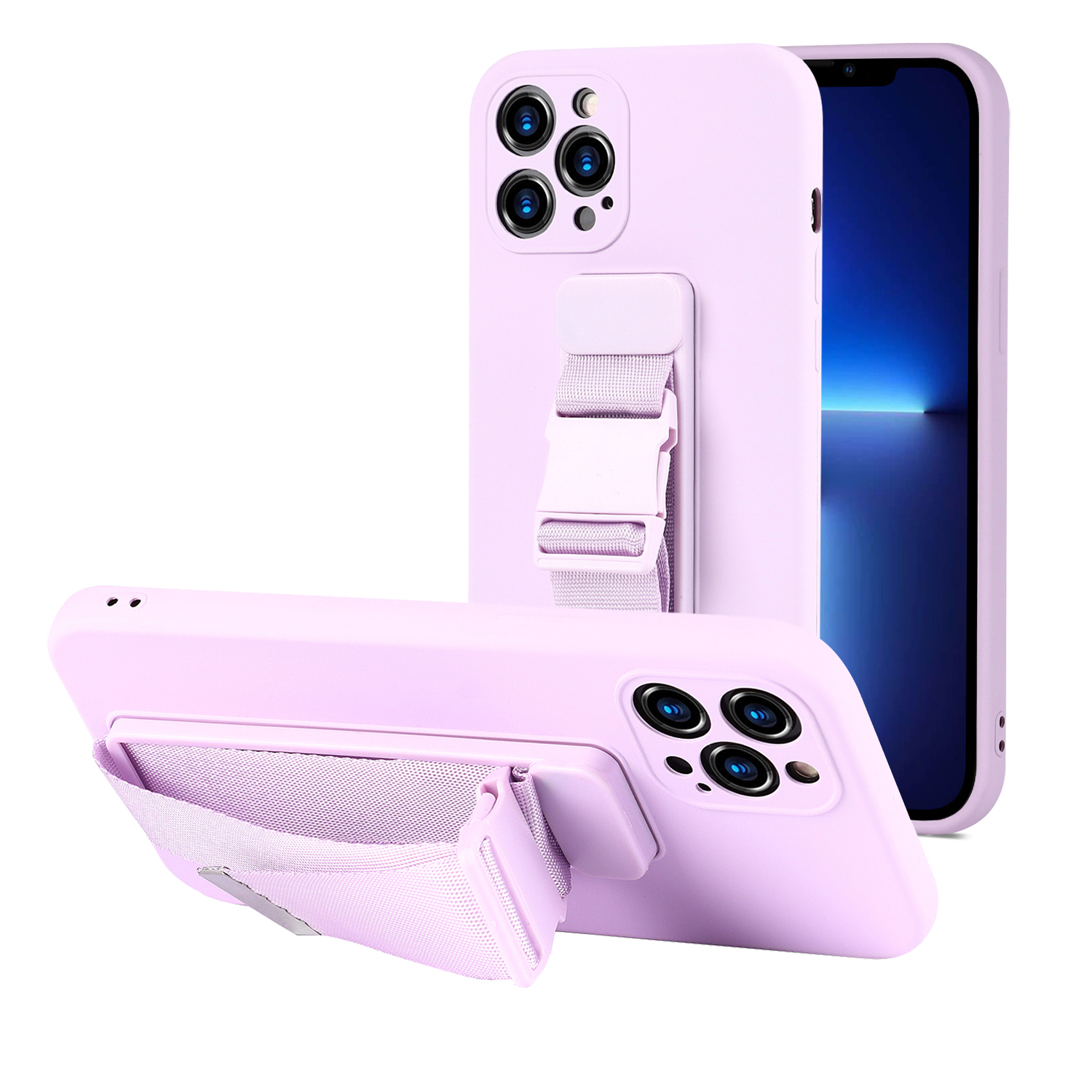 

Shockproof Soft TPU Phone Case with Adjustable Wrist Strap Kickstand and Long Shoulder Strap for iPhone 13 Pro Max 6.7 inch - Purple, iPhone 13 Pro Max