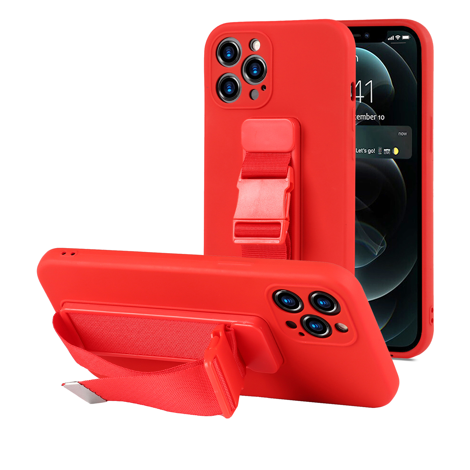 

Durable Phone Case Soft TPU Phone Cover with Adjustable Wrist Strap Kickstand and Long Shoulder Strap for iPhone 12 Pro 6.1 inch - Red, iPhone 12 Pro
