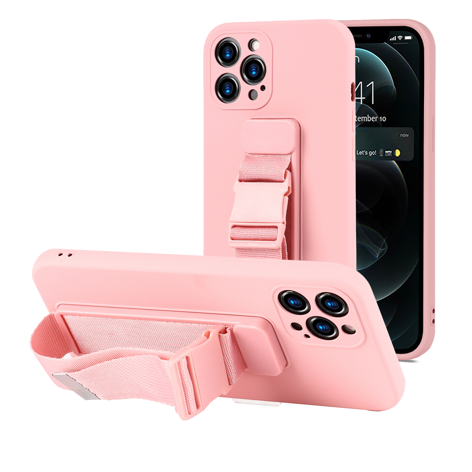 

Durable Phone Case Soft TPU Phone Cover with Adjustable Wrist Strap Kickstand and Long Shoulder Strap for iPhone 12 Pro 6.1 inch - Pink, iPhone 12 Pro